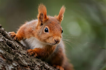 Fototapeta premium Reddish brown squirrel peeking from behind tree trunk with alert ears and round eyes, small nose visible whiskers in blurred green forest background with rough bark texture.