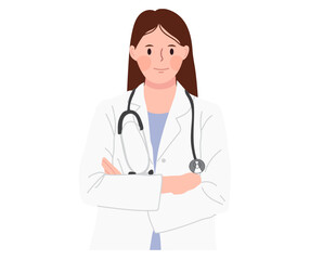 Illustration of a female doctor in a white coat with a stethoscope, arms crossed, smiling gently.