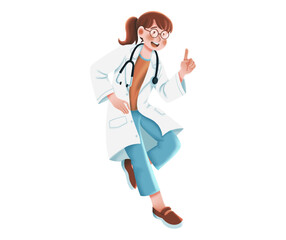 Cheerful female doctor in motion, making a point,  wearing a lab coat and stethoscope.