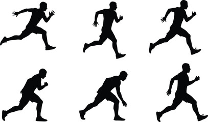 Silhouette of running man in motion sequence, jogging athlete, sprinting poses, fitness training, workout exercise, sportsman activity, black vector figure, health concept illustration.
