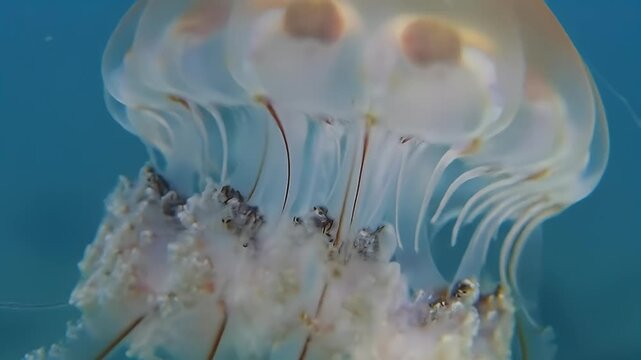 Graceful Upside-Down Jellyfish (Cassiopea) Pulsating in Clear Blue Water, Underwater Marine Life