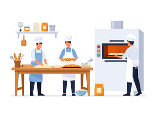 Artisan Bakers at Work: Capturing the warmth and craft of an artisan bakery, showcasing bakers meticulously preparing fresh bread and pastries in a cozy, well-equipped setting. 