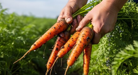 Farmer holding freshly harvested carrots with dirt still on them in a field