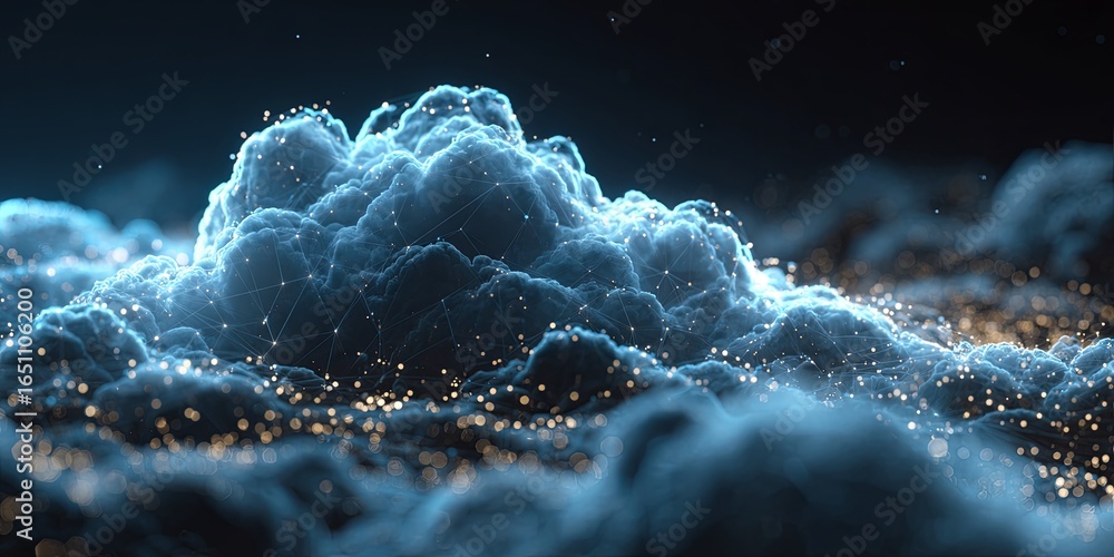 Poster futuristic floating cloud with glowing particles over a digital background in a dark environment