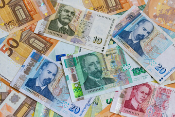 A Flat Lay Composition of Bulgarian Lev and Euro Banknotes