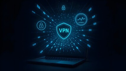 Laptop with Holographic VPN and Cybersecurity Interface Overlays
