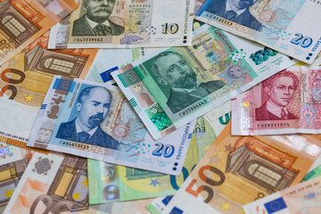 A Flat Lay Composition of Bulgarian Lev and Euro Banknotes