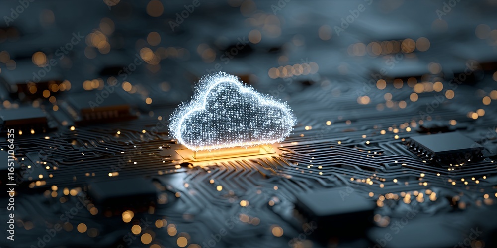 Poster digital cloud technology with glowing particles on a circuit board background in a futuristic concep