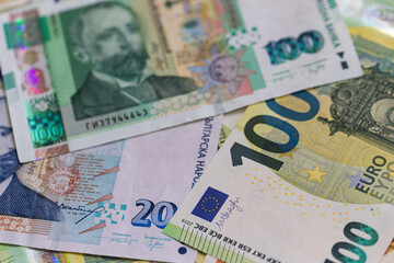 A Flat Lay Composition of Bulgarian Lev and Euro Banknotes