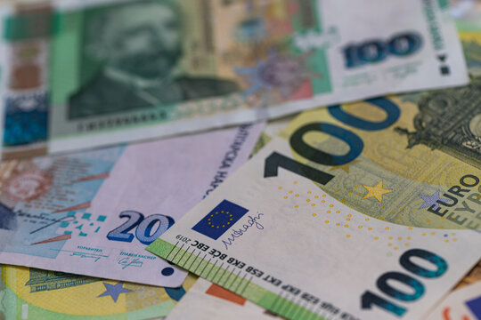 A Flat Lay Composition of Bulgarian Lev and Euro Banknotes