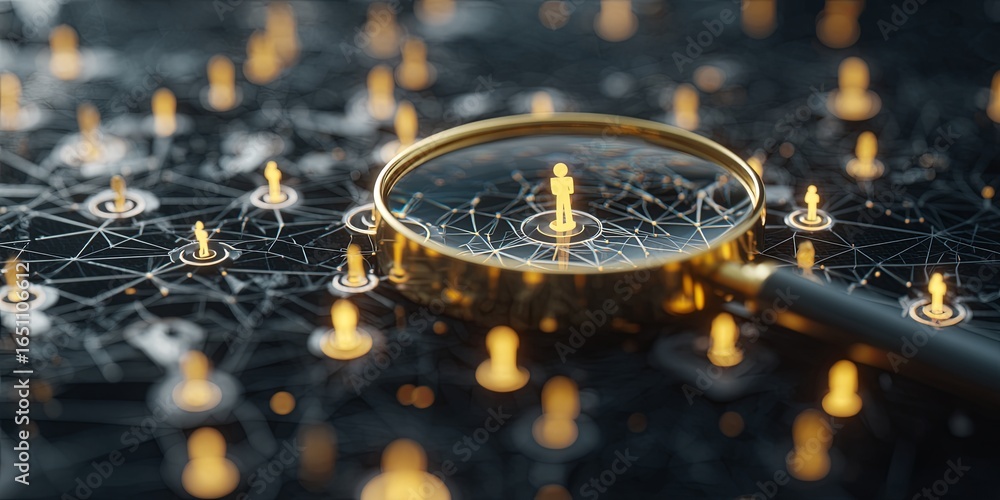 Poster abstract digital representation of a magnifying glass focusing on a central figure amid a network of