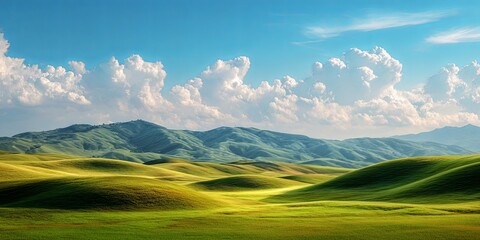 Obraz premium Serene Landscape with Rolling Green Hills Under Blue Sky and Fluffy Clouds in Background During Bright Sunny Day