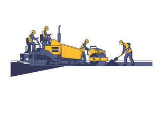 Road Construction: A crew of skilled workers and advanced machinery collaborate to construct a new road or repair an existing one. The illustration focuses on asphalt laying and paving.