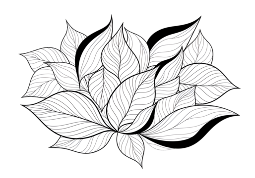 Stylized black and white illustration of overlapping leaves with intricate line patterns, suitable for design or coloring.