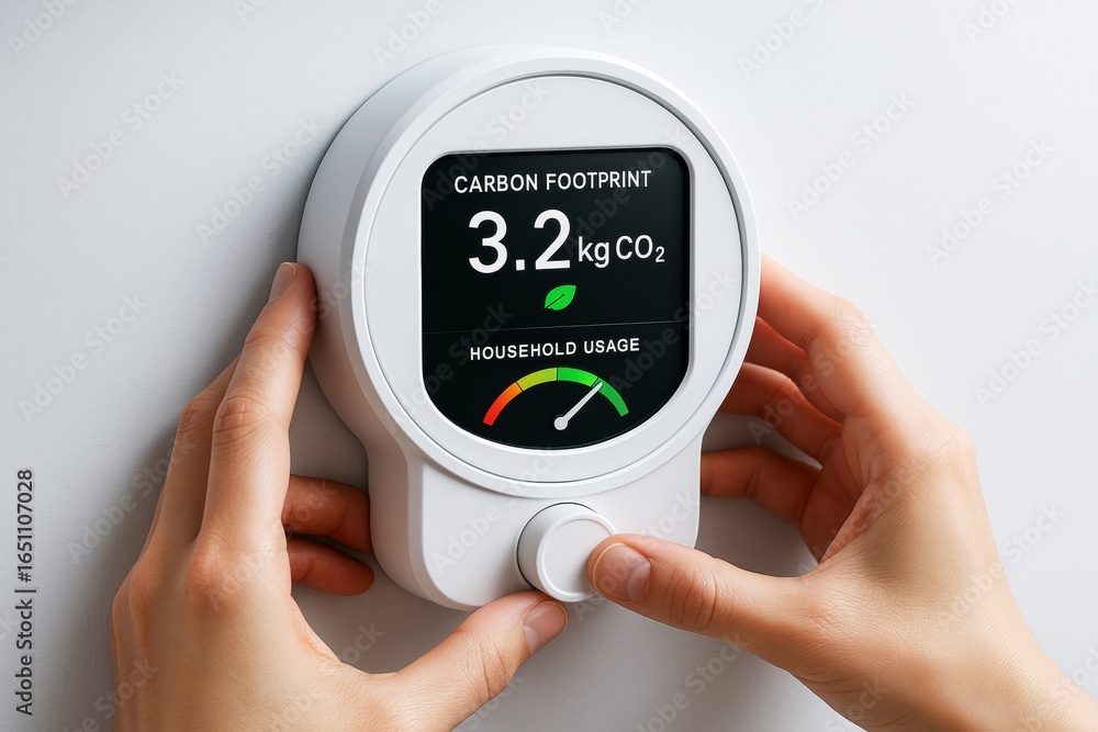 Aufkleber smart home device displaying carbon footprint with 3.2 kg co2 household usage on screen, held by han