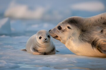 Fototapeta premium Adorable harp seal pup nuzzles with mother on arctic ice floe