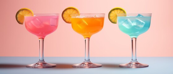 Three vibrant cocktails in elegant glasses, featuring pink, orange, and blue drinks, garnished with lemon slices against a pastel background.