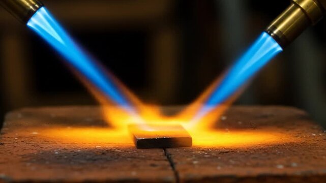 Metal heating process with torch flames on industrial material