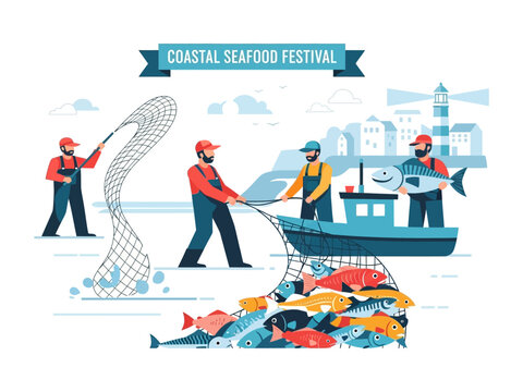 Coastal Seafood Festival: An illustration depicting a coastal seafood festival, showcasing fishermen hauling in their catch with boats, nets, and fish. Capturing the essence of a lively celebration.