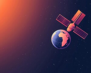 Neon line satellite orbiting simplified Earth, minimal futuristic concept