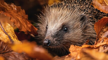 Close-up of a hedgehog nestled amongst autumn leaves.