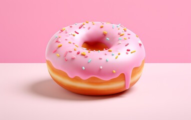 A pink frosted donut with colorful sprinkles sits on a soft pink background, exuding a sugary and playful vibe.