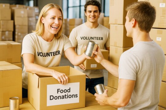 Group of happy volunteers collecting food donations in warehouse with cardboard boxes in bright light background during community charity event.