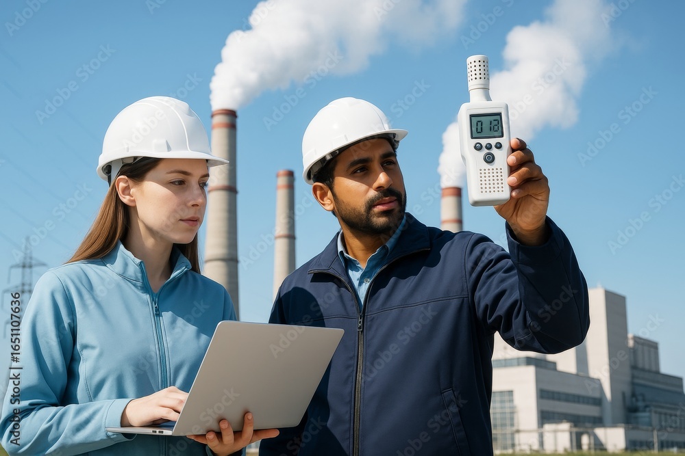 Poster engineers monitoring air quality using digital device near factory chimneys with smoke under clear b