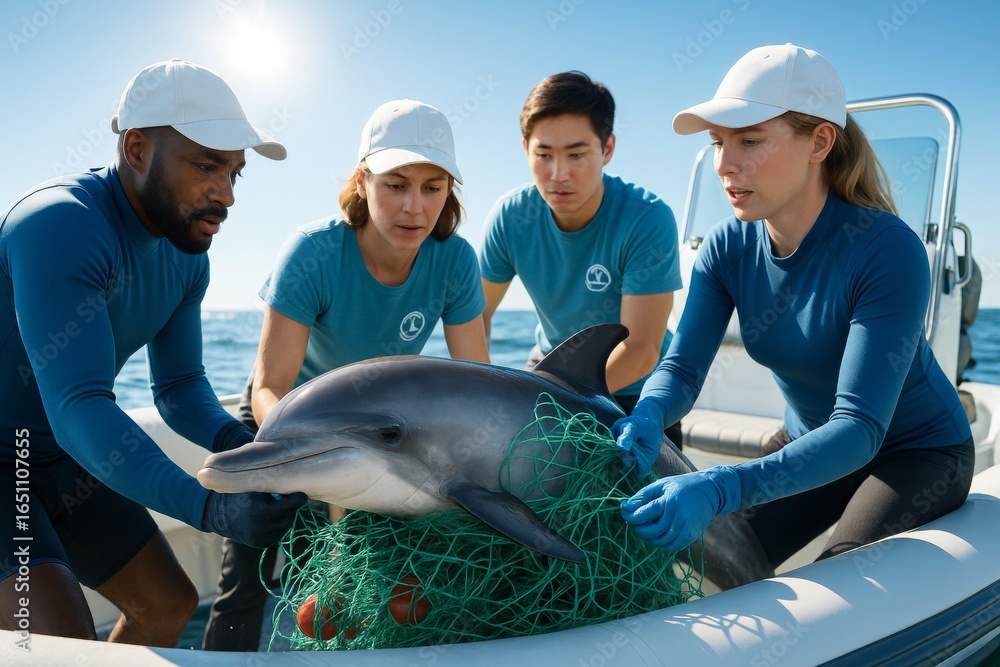 Poster team of marine conservationists rescuing dolphin entangled in fishing net on sunny day aboard boat, 