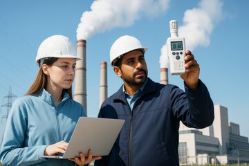 Engineers monitoring air quality using digital device near factory chimneys with smoke under clear blue sky background wearing safety gear. Ai generative