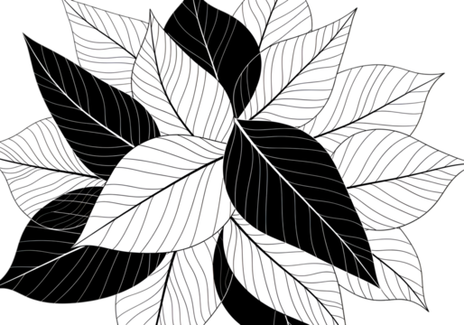 A detailed vector graphic of overlapping leaves with a mix of black and white patterns.