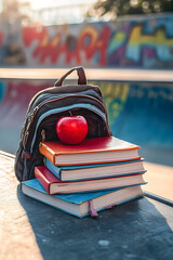 Textbooks, red apple, and backpack rest on a skatepark ramp in golden light—symbolizing contrast between summer freedom and academic focus.