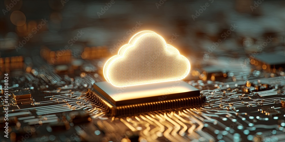 Poster digital cloud computing concept with glowing cloud symbol above microchip on circuit board for techn