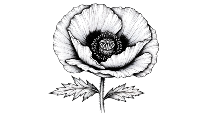 Detailed black and white line drawing of a poppy flower.