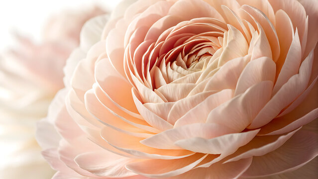 Close up of delicate peach and pink ranunculus petals unfurling in soft light