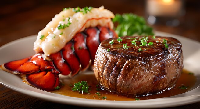 Filet mignon steak with lobster tail and garnish on a plate