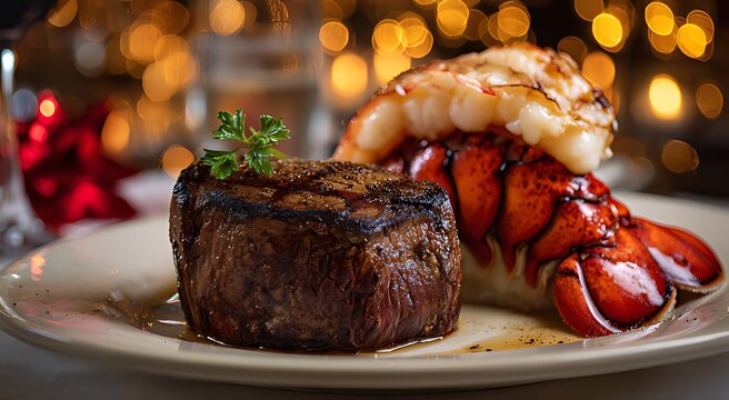 grilled steak and lobster on a plate with garnish