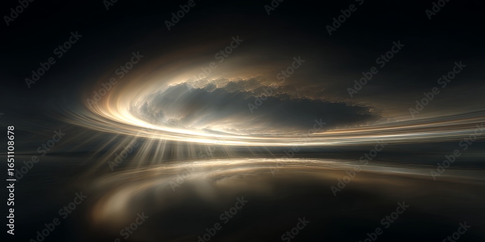 Poster dreamy cloud formation illuminated by soft light with radiant circular patterns and subtle reflectio
