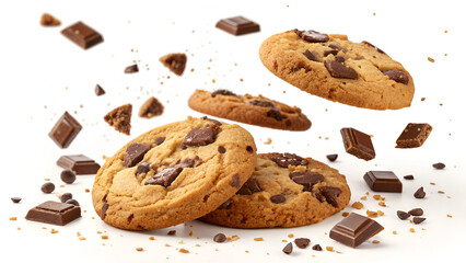 Crispy Chocolate Chunk Cookies Floating on Clean White Background