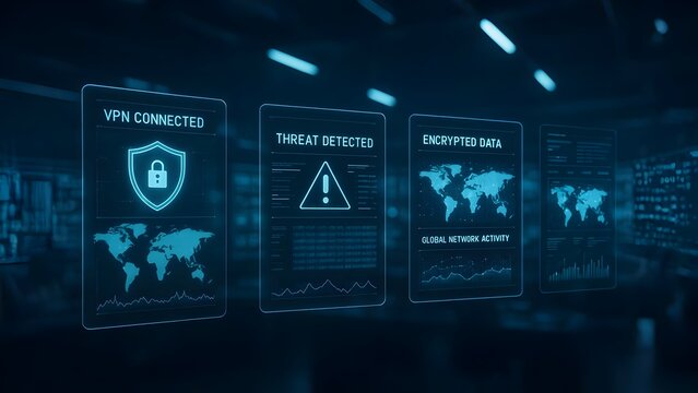 Floating Holographic Panels Showing Global VPN and Cybersecurity Activity