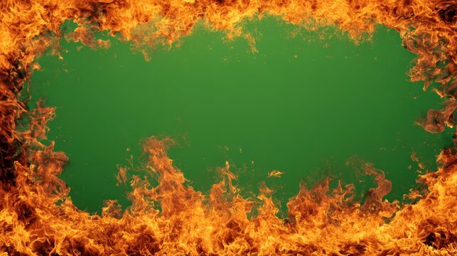 Orange Red Flames Engulf on green screen background. Vibrant fire animated on green backdrop. Burning flame animation. Frame Template. Chroma key. Motion graphics. Creative video for overlay. Inferno