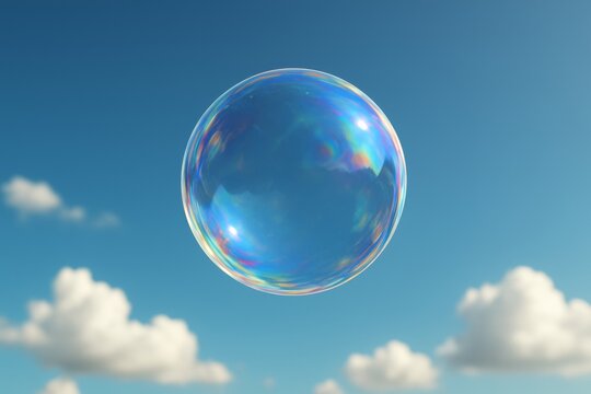 Transparent soap bubble with rainbow reflections floating in midair against a light blue sky with fluffy clouds as soft background concept. Ai generative - Powered by Adobe