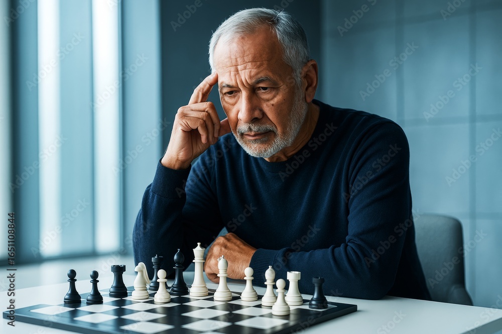 Poster elderly man thinking deeply while playing chess at modern table, natural light from window backgroun