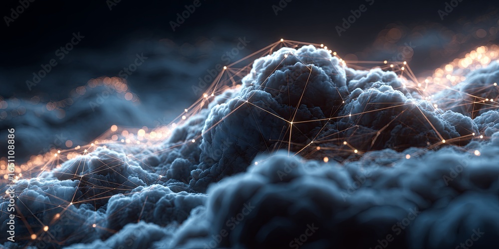 Poster abstract cloud with glowing connections, representing data transfer and digital technology in a futu