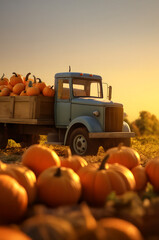 Cargo truck carrying orange pumpkins fruit in an orchard with sunset. Concept of food production, transportation, cargo and shipping.