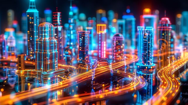 Panoramic view of a smart megacity with color-coded neon roads, glowing bridges, interactive skyscraper facades, and AI-powered intersections.