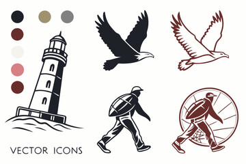 Naklejka premium Collection of vector icons featuring eagles, lighthouse, and hikers