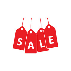 Red tags with white letters spelling 