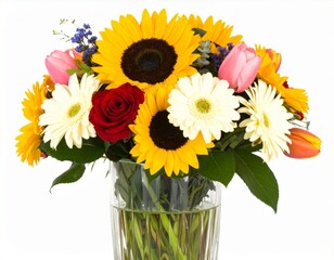Natural Mixed Flower Composition with Sunflowers, Daisies, and Tulips, Realistic Detail