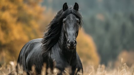 Majestic black horse standing gracefully in a golden autumn field surrounded by vibrant foliage